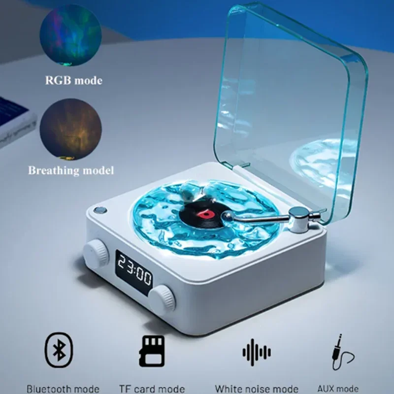 Waves Vinyl Player Bluetooth Speaker with White Noise Retro Turntable Speaker Sleep Aid Vitrola Shaped Speaker with RGB Light