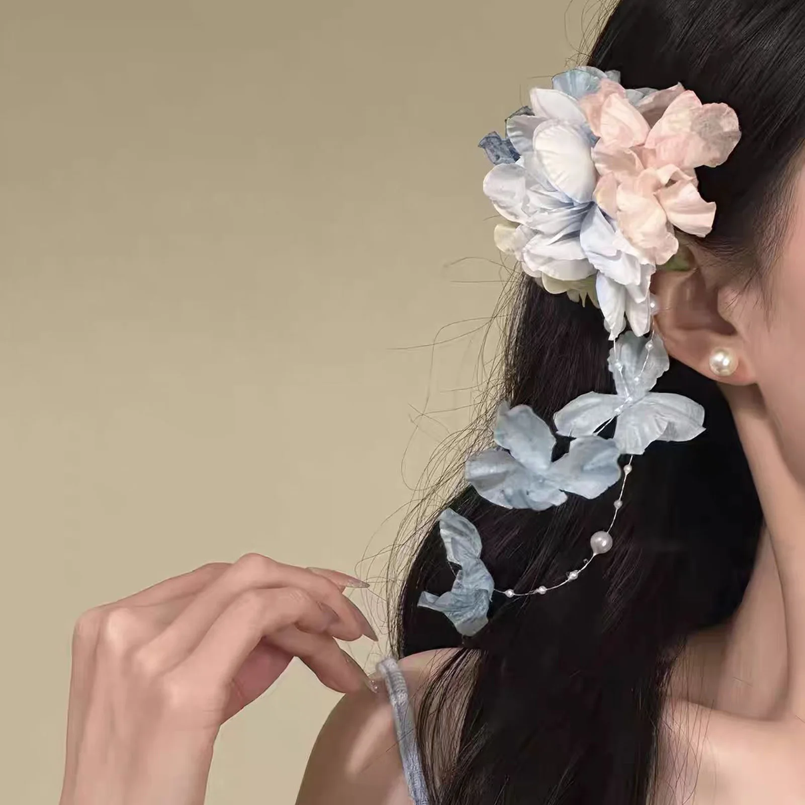 Künstliche Blumen-Haarspange mit bunten Quasten und Perlen – Frühlings-Foto-Requisite für Damen und Mädchen im Alltagsstil – Detail 1