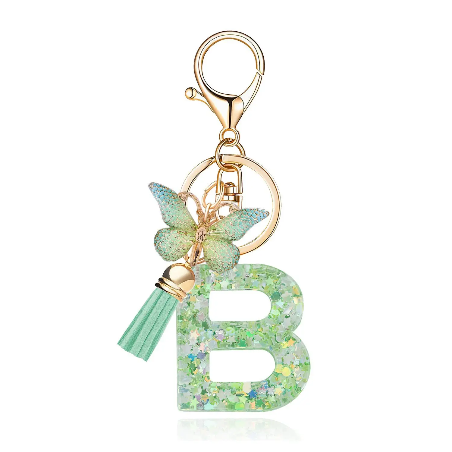 Cute Color Initial Letter A-Z Resin Green Butterfly Lobster Key Ring Key Chains DIY Jewelry Gifts