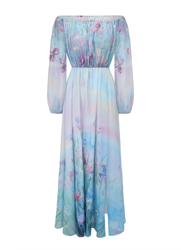 

Women's Summer Holiday Boho Split Long Dress Off-Shoulder Slash Neck Puff Sleeve Floral Print High Waist Chiffon Maxi Dress