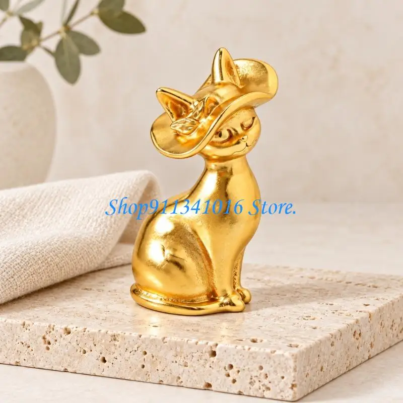 Feline Cabinet Knob Handle with Finished Construction, Decorative Hat, and Ribbon Accent for Drawers, Dressers, and Furniture