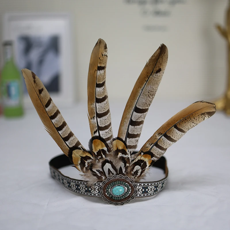 Customized Natural Feather Pheasant Feather Headdress Tribal Chief Crown Headband Indian Headwear Stage Props Carnival Halloween