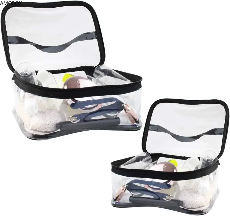 AMOBOX-Portable Clear Makeup Bag with Zipper, Waterproof Cosmetics Bag, Carry Pouch, with Handle for Vacation,Bathroom