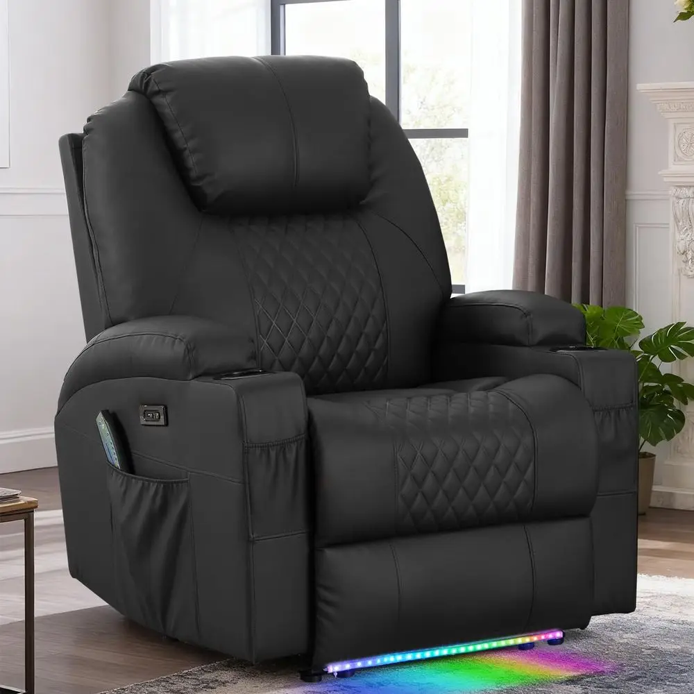 

Black Leather Recliner Chair with Heat, Massage, LED Lights, Cup Holders, USB Port for Home Theater or Living Room