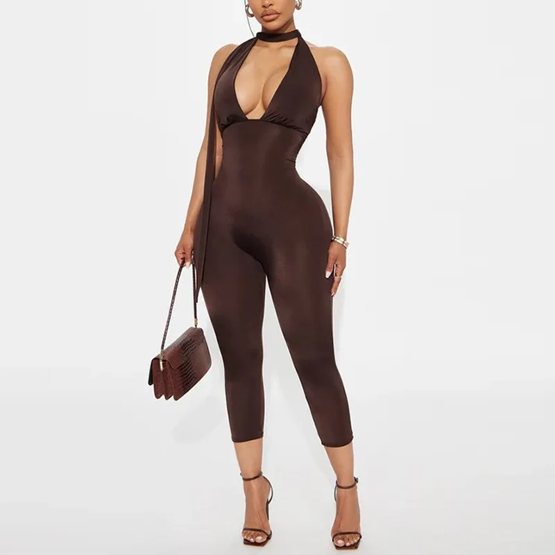 Macacão fino para mulher roupas femininas temperamento sexy bodycon cor sólida halter pescoço sem costas sem mangas pingente