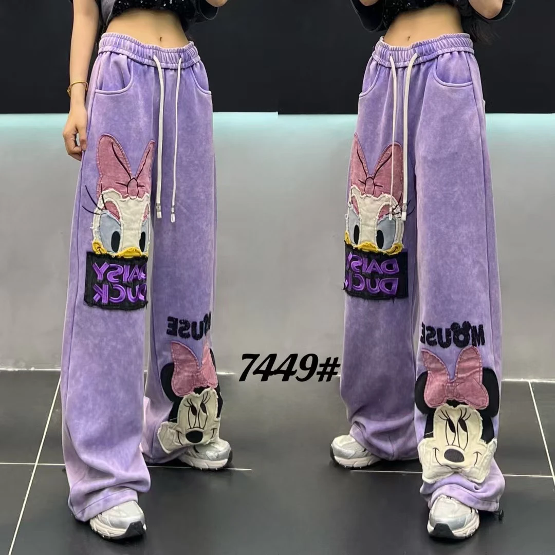 

2025 New Spring Autumn Spice Girls Wide Leg Straight Pants Mopping Floor High Waist Dance Pants Sequins Cartoon Women Trousers