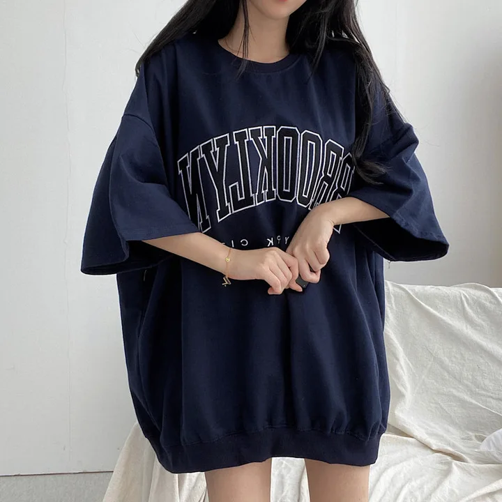 Women Harajuku Letter Print Sweatshirts Gray Vintage Loose Fleece Tops Hip Hop Short Sleeve Korea O Neck Oversized Cotton Summer