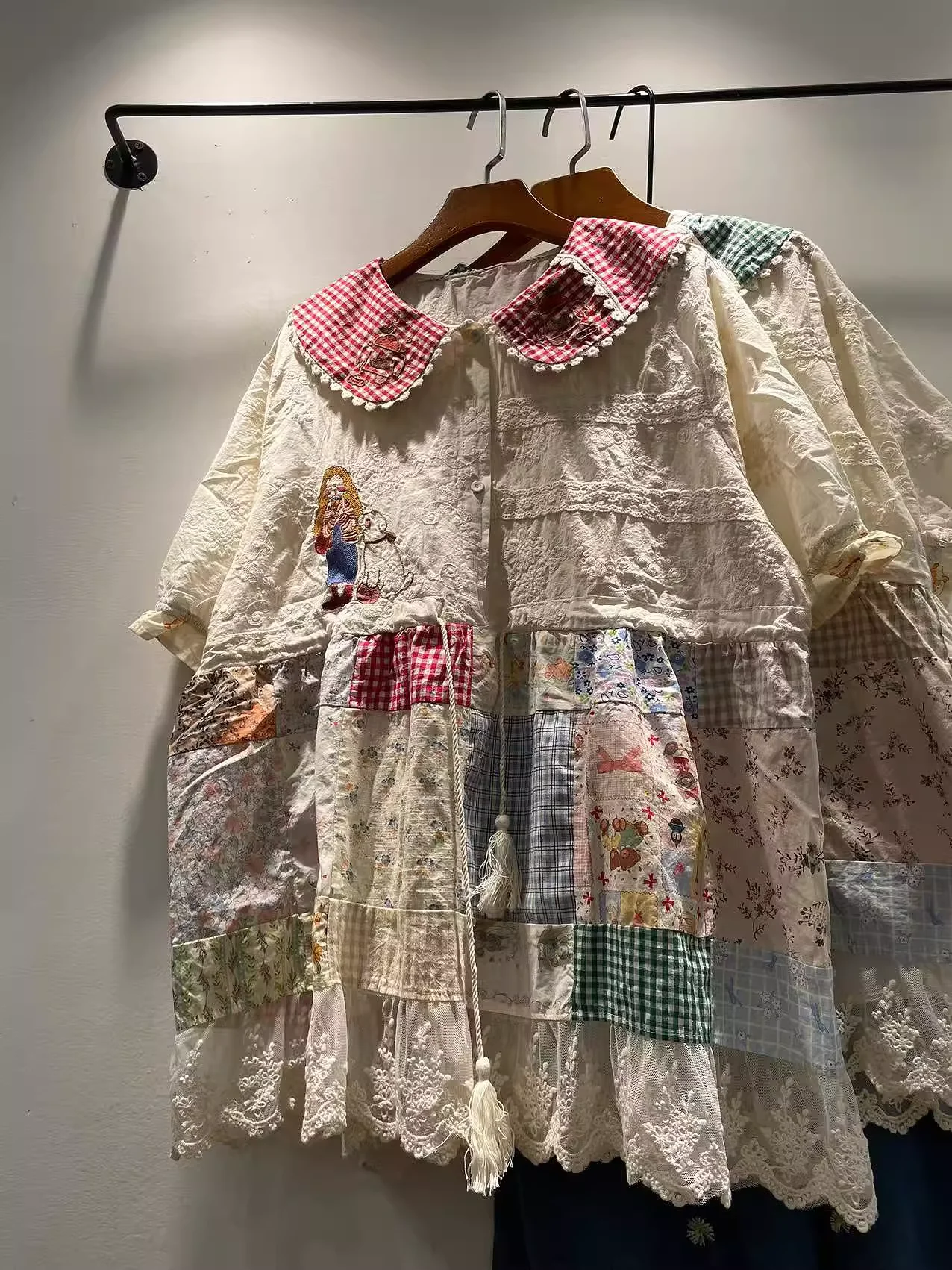 

2025 Mori girl style original designer peter pan collar lace embroidery plaid patchwork shirts and blouses cute tops sweet lolit