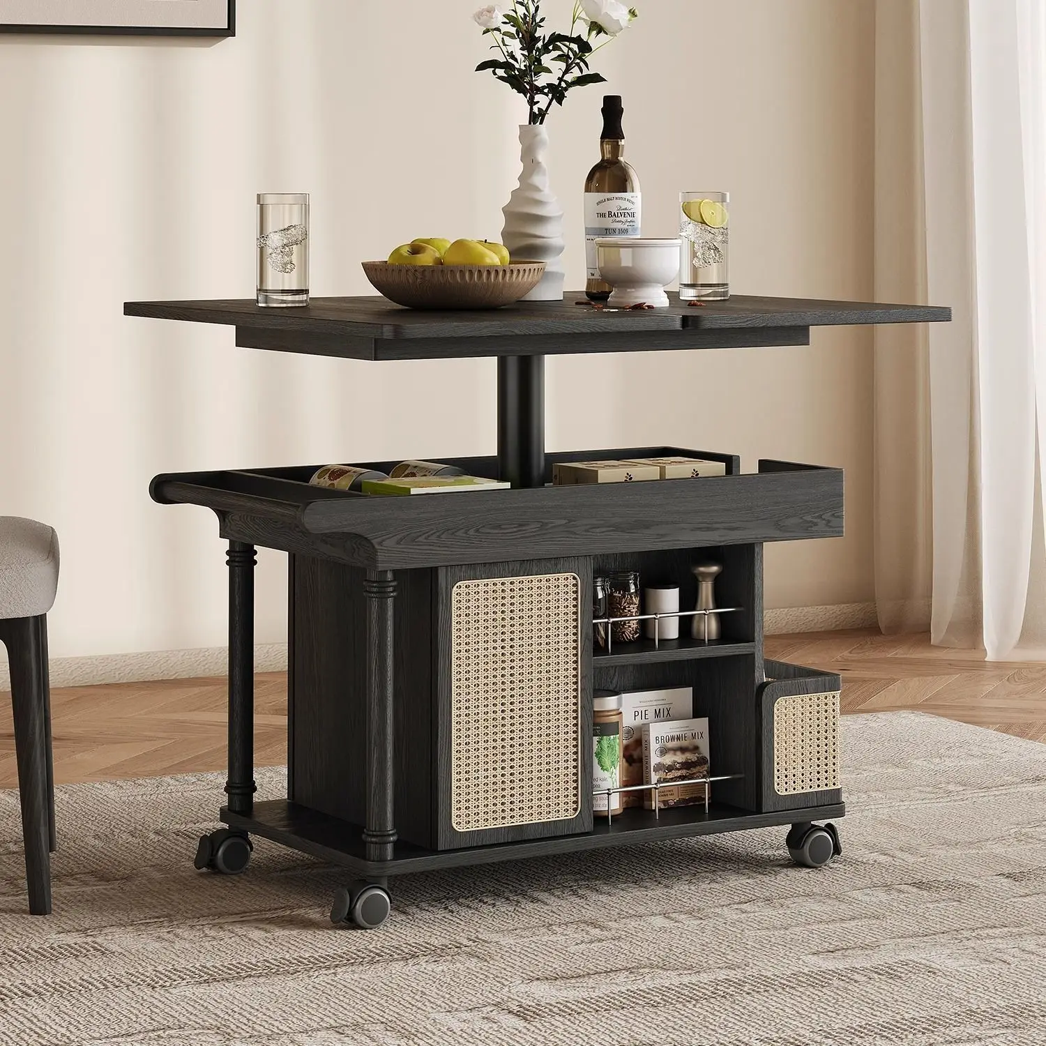 Mobile lifting coffee table solid wood small apartment household living room multi-functional folding simple trolley