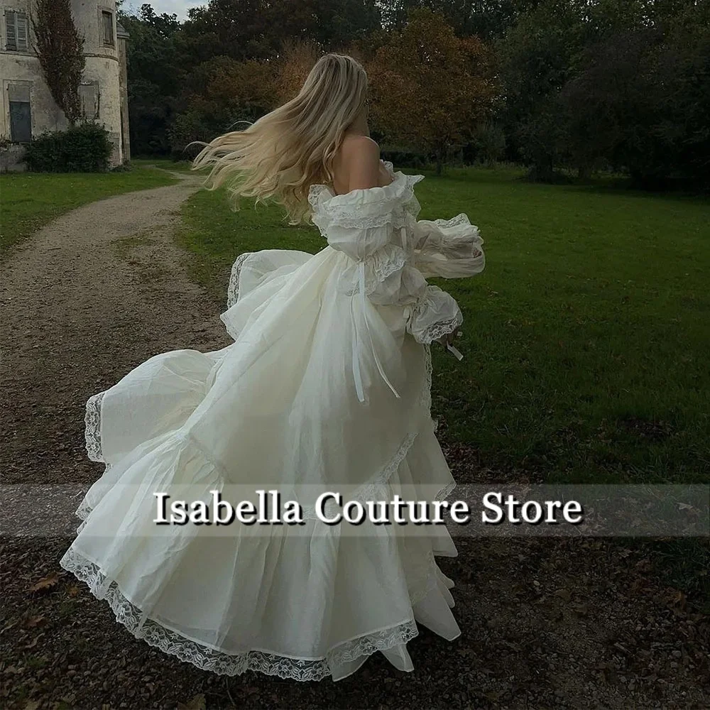 

Off Shoulder Princess Wedding Dress Long Sleeve Draped A Line Floor Length Vintage Pastoral Gown Customized
