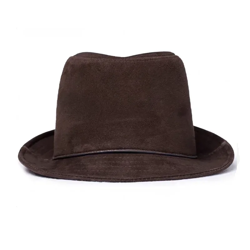 Male High Quality Genuine Leather Formal Hat Jazz Gentleman Goat Skin Suede Short Brim Brown Top Fedoras Embroidery