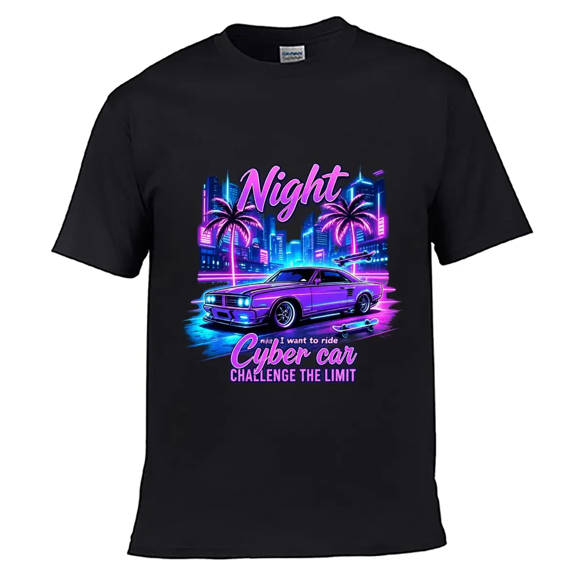 Night Cyber Car Challenge The Limit Neon City Palm Trees short-sleeved T-shirt