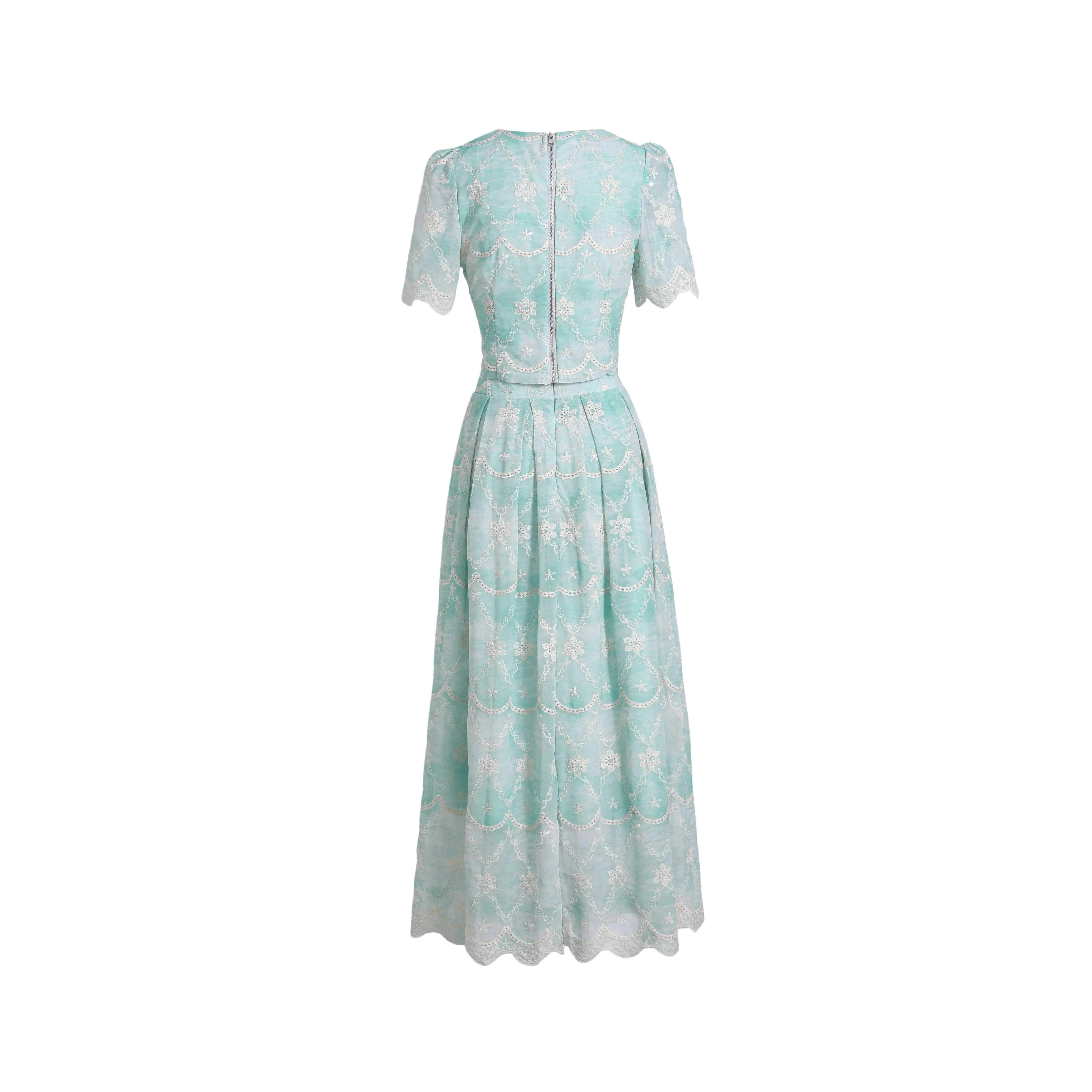 Elegant Mint Green Lace 2-Piece Set Women Short Sleeve Top High Waist Pleated Midi Skirt Summer Party Wedding Guest Outfit