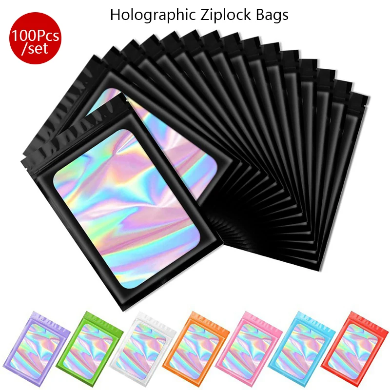

100Pcs/set Holographic Ziplock Bags Colored Windowed Laser Self-Sealing Bag Jewelry Sealing Bag Sealed Plastic Self-Sealing Bag