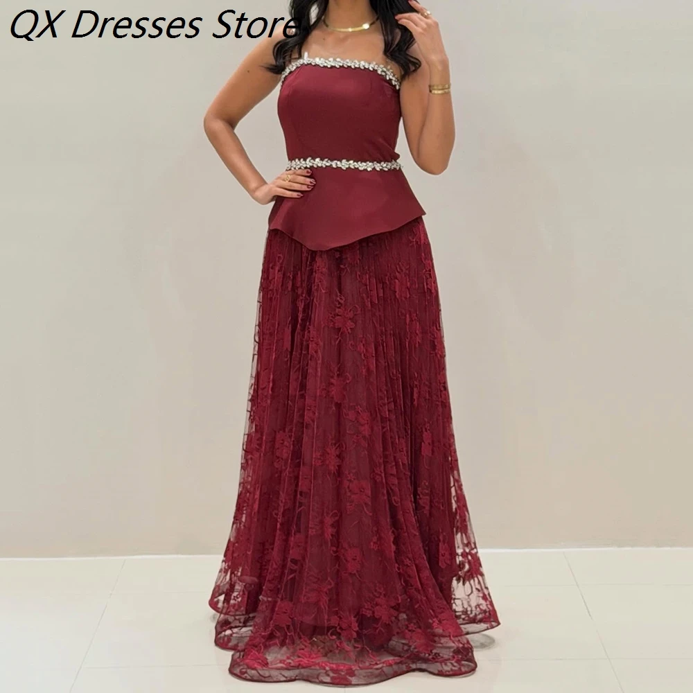 

Women's A-line Evening Dresses Floor-length Strapless Sleeveless Prom Dresses Fashion Crystal Lace Simple Draped Customized Gown