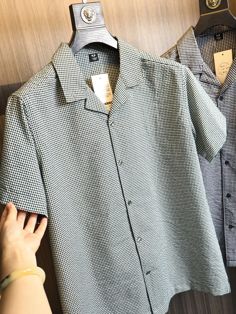 Retro Gingham Pattern Men's Loose Fit Short Sleeve Cuban Collar Shirt Summer Anti-Wrinkle Draping Fashionable Urban Style