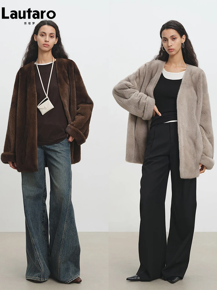 

Lautaro Autumn Winter Thick Warm Soft Faux Fur Coat Women with Deep V Neck Long Sleeve Elegant Luxury Chic Fluffy Jacket 2026