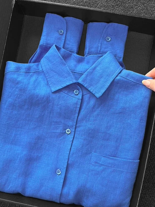 

Klein Blue Cotton Linen Men's Shirt Loose Long Sleeve Anti-UV Open Cardigan Durable Wrinkle-Free Fabric Trendy American Style