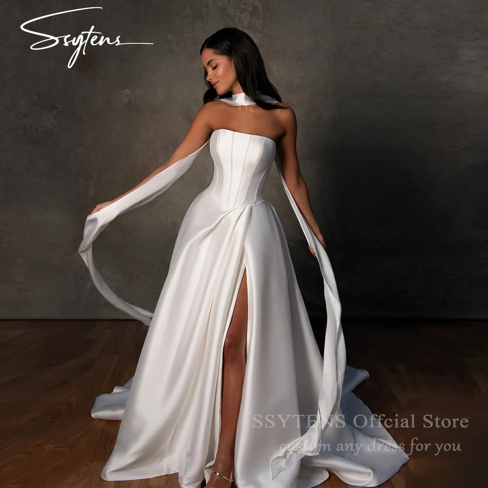 SSYTENS Newest Satin Strapless A-Line Wedding Dresses Backless Corset Evening Dress For Women Plus Bride Gown vestidos de novia