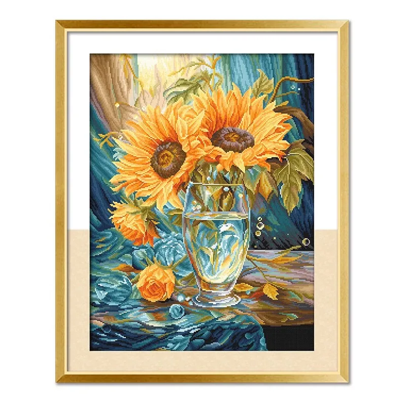 11CT Sunflowers Pre-Printed Cross Stitch DIY Embroidery Set Handmade Handicraft Floss Needle Crafts 79Colors