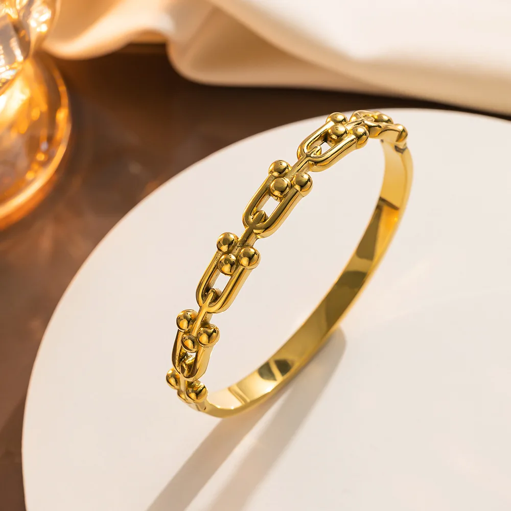 Stainless steel simple U-shaped horseshoe bracelet hot sale Gold Color smooth Bangles For Women Party Hand Jewelry