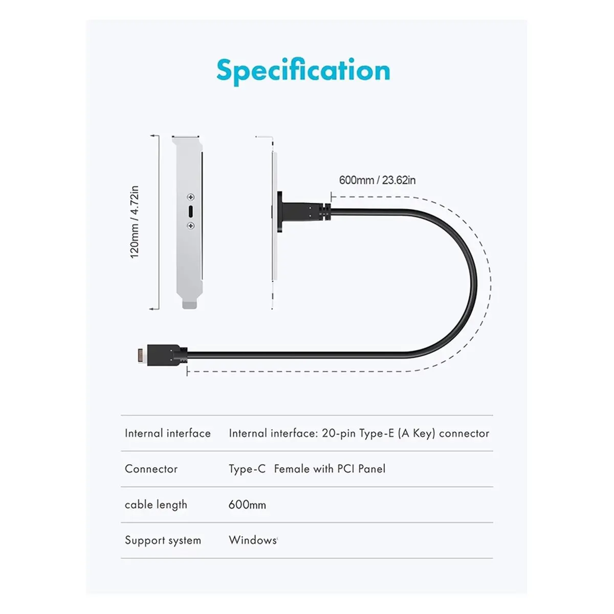AT42 20Gbps USB 3.2 Adapter, Motherboard Header Extension Cable, USB-C to USB3.2 Type-E Key-A 20-Pin Connector PCIe Bracket