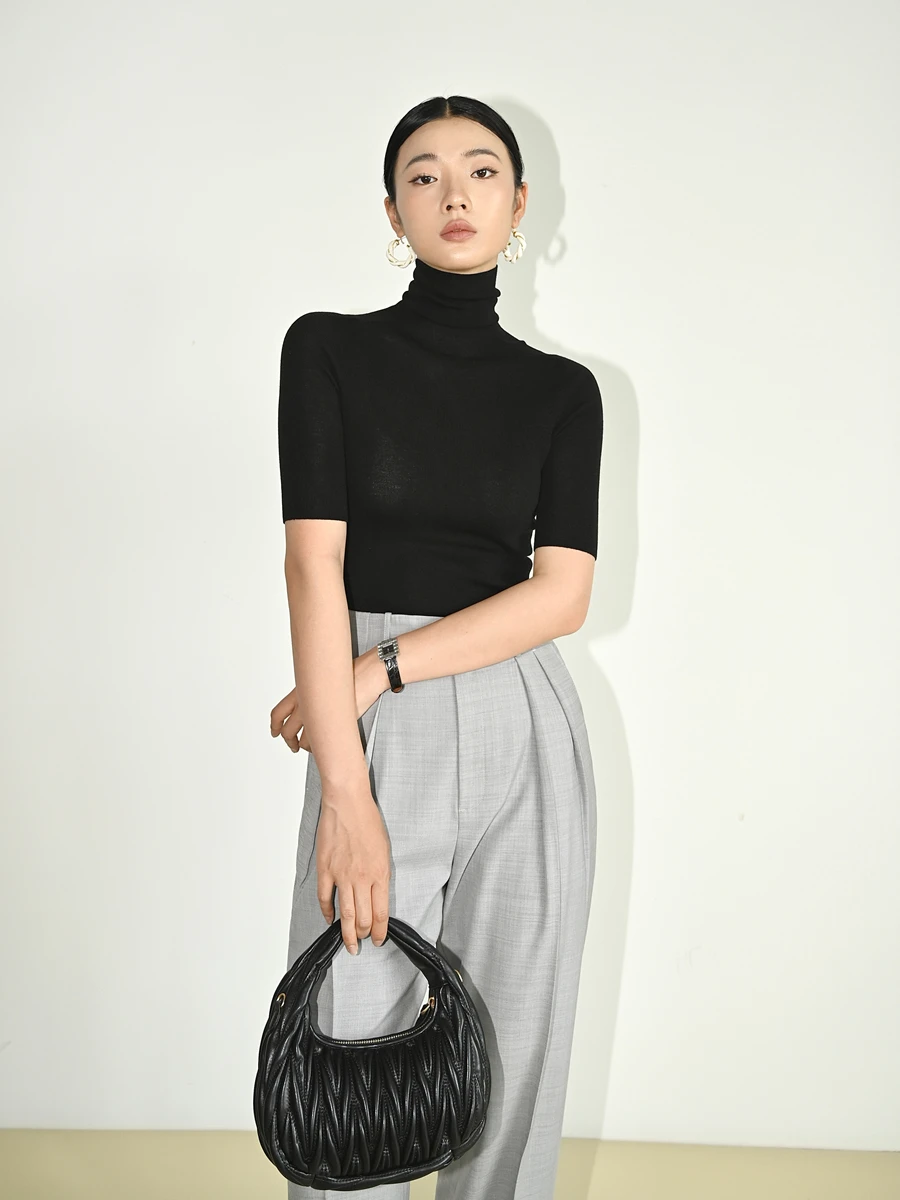 

Slimming Effect Fine Wool Sl Inteated ort Sve Sweater Stand Collar Thin Five-Quarter Length Regular Fit Knitwear