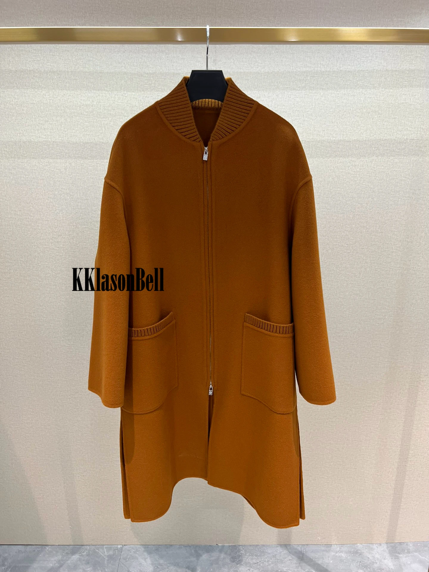 12.13 KKlasonBell Fashion Keep Warm Ribbed Stand Collar Loose Side Split Mid-Calf Cashmere Wool Coat Women