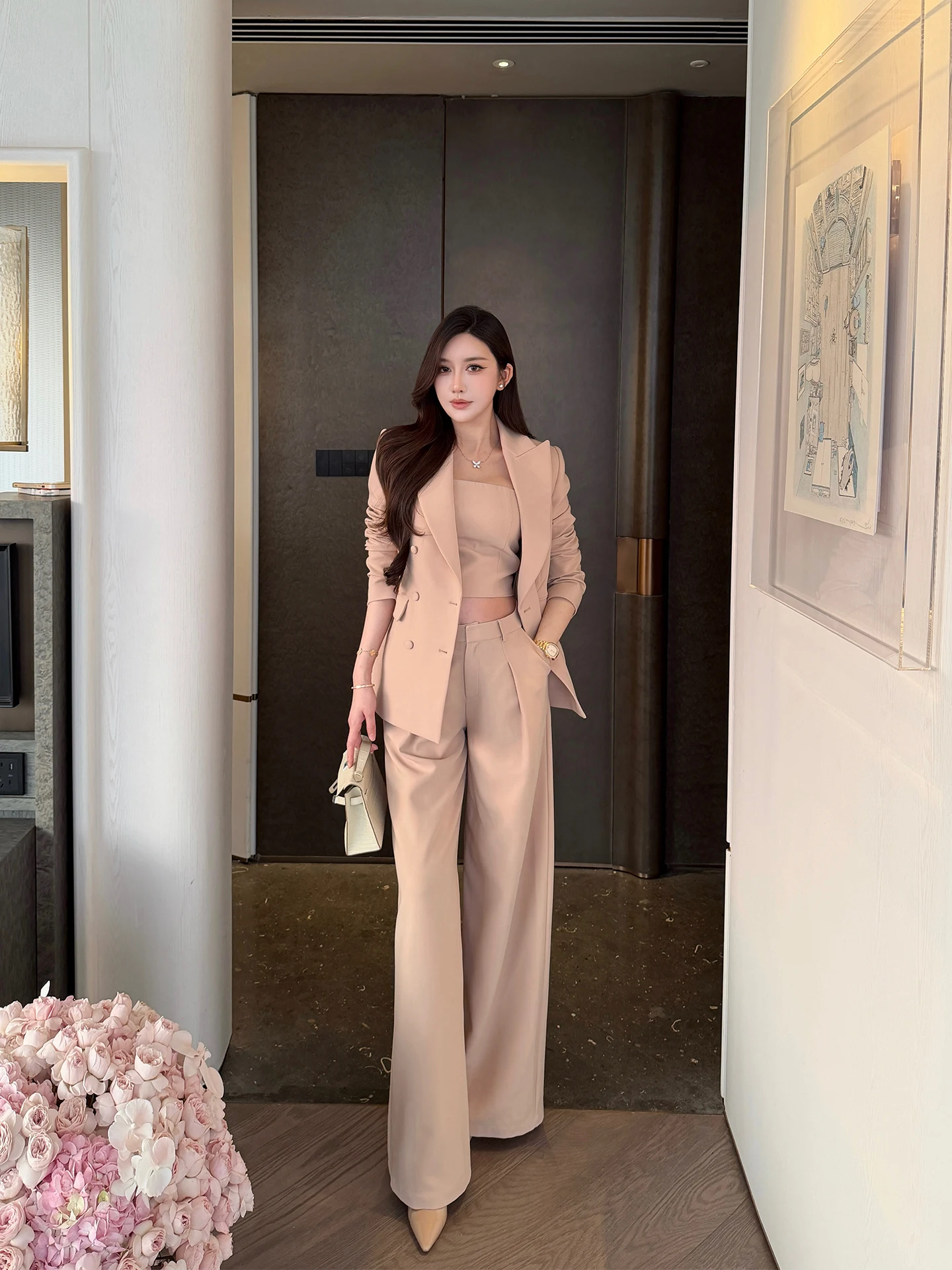 

SX àn Xǐ Orange Apricot Woven Cosite Suit Jaet with Csole High Waist Wide Leg Pants for Busin Women's Ensemble