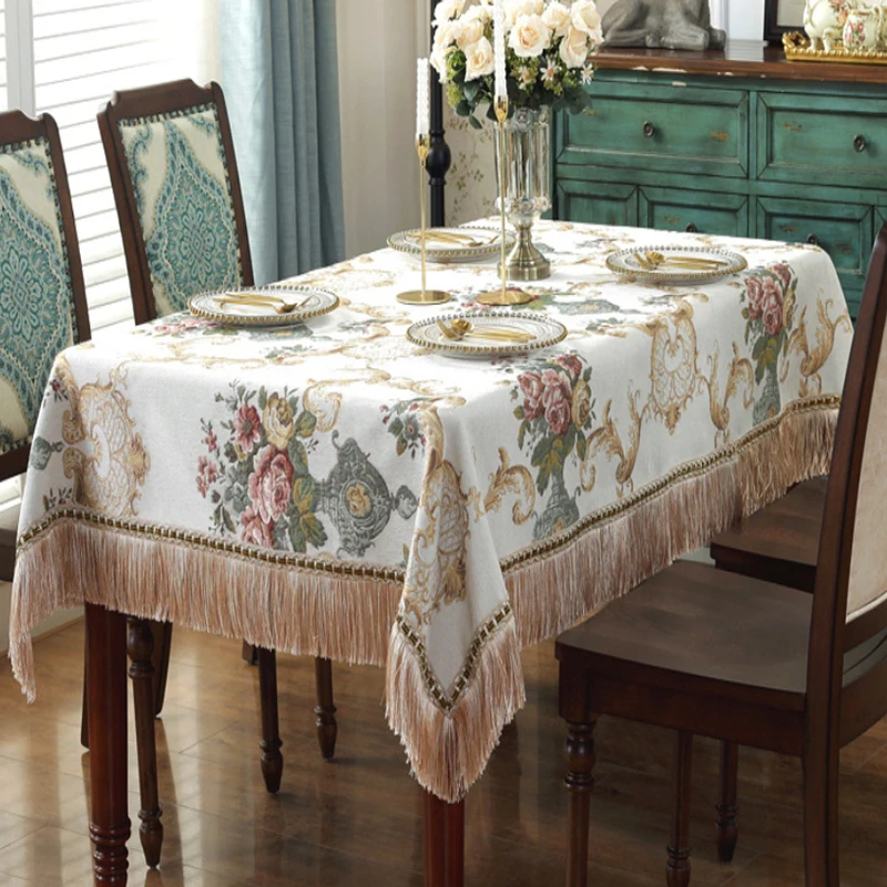 European Retro Dinning Tablecloth With Tassel Luxury Embroidery Table Cover Flower Elegant Table Cloth Decoration Living Room