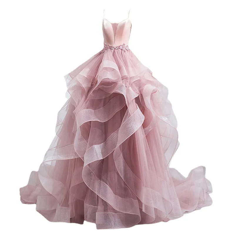 Vestido de novia Rosa único, vestido de quinceañera de línea A hinchada, cuello en V, apliques, correa de espagueti, volantes escalonados, vestido de graduación graduati