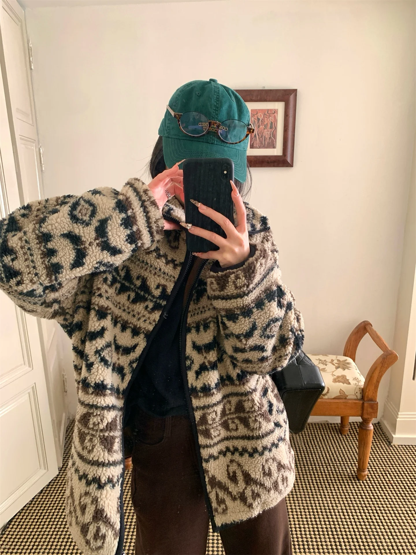 

Ретро-куртка женская из искусственного меха ягненка, теплая, с узором «Миндальный цветок», утолщенная, на хлопковой подкладке, для зимы