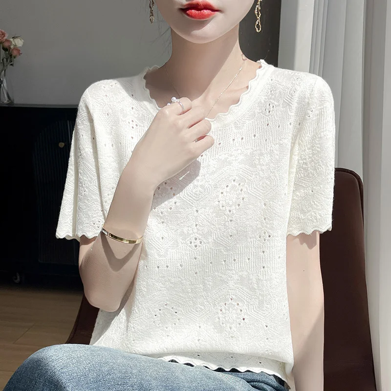 

Fashionable lace sweet women's solid color short sleeved T-shirt top thin knitted cedar hollow design thin short sleeved T-shirt