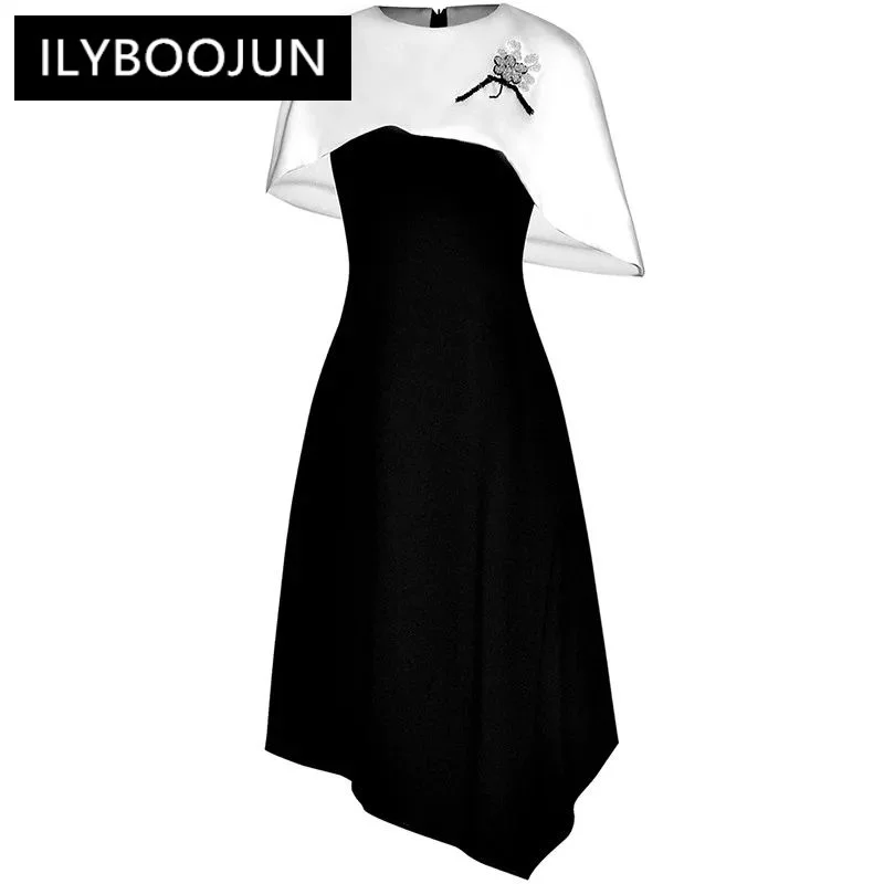 

ILYBOOJUN Spring Fashion Designer Vintage Hit Color Dress Women Cloak Sleeves Diamond Beading High Waist Slim Spliced Long Dress