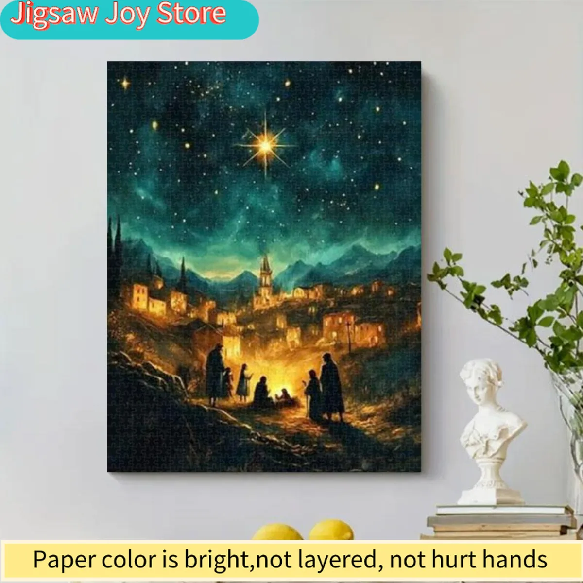 

1000 штук забавных пазлов с рождественской сценой - Принт «Святая ночь» с изображением деревни на звездной ночной ночи - Золотисто-зеленый (Р)