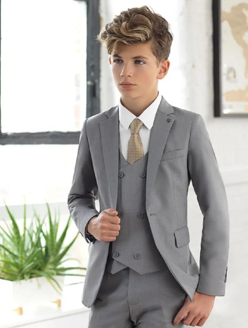 Traje gris claro con solapa de muesca para niños, ropa de novio para boda, conjunto de 3 piezas, traje Formal de graduación para niño (chaqueta +