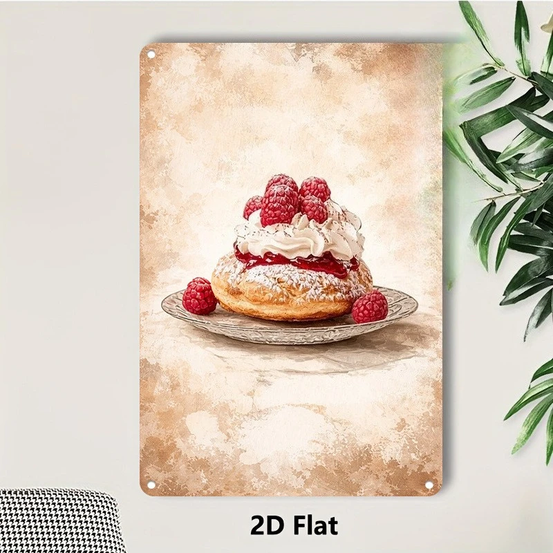 2D Flat, 1pc Raspberry Cream Puff Tinplate Painting Wall Art for Living Room Bedroom Hallway Kitchen Decoration Gift for Him