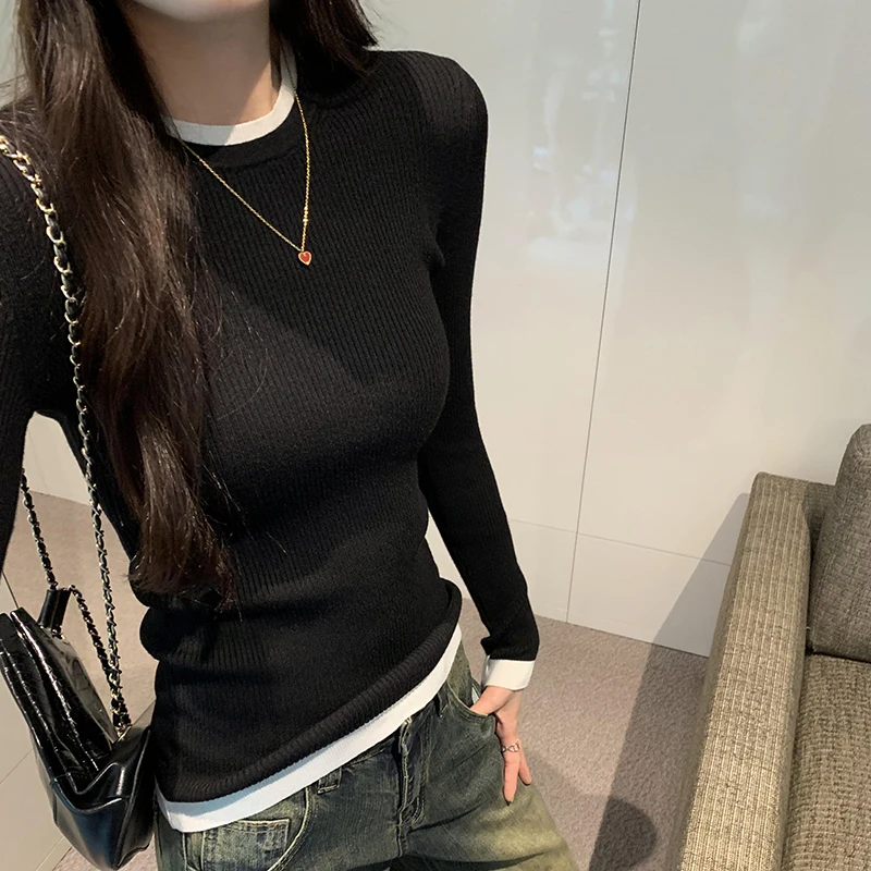 Korean Fashion Fake Two Pieces T-Shirts Women Chic Design Knit Tops Long Sleeve Contrasting Colors Slim Top Tees