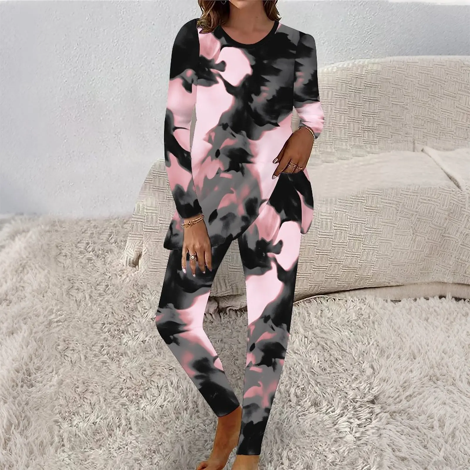 2 Piece Round Neck  Everyday Commuting Clothes  Beach Vacation Tight-fitting Sweatpants Women Print  Two Piece Set
