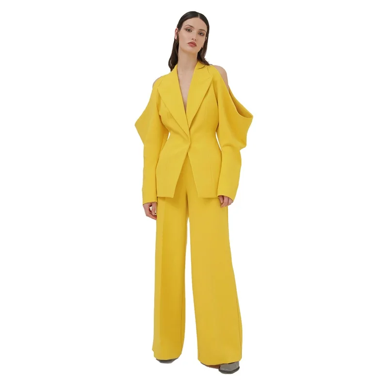 Sexy Yellow Women Suits Pants Set 2 Pcs Blazer V Neck Hollow Top Jacket Customized Prom Dress Fashion Hot Girl Streetwear