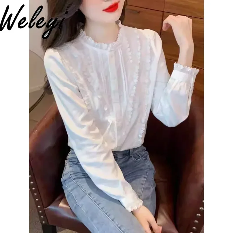 Sweet Women Camisas E Blusas Autumn and Winter Streetwear Versatile New Round Neck Long Sleeved Lace Chiffon Shirt Backing Tops