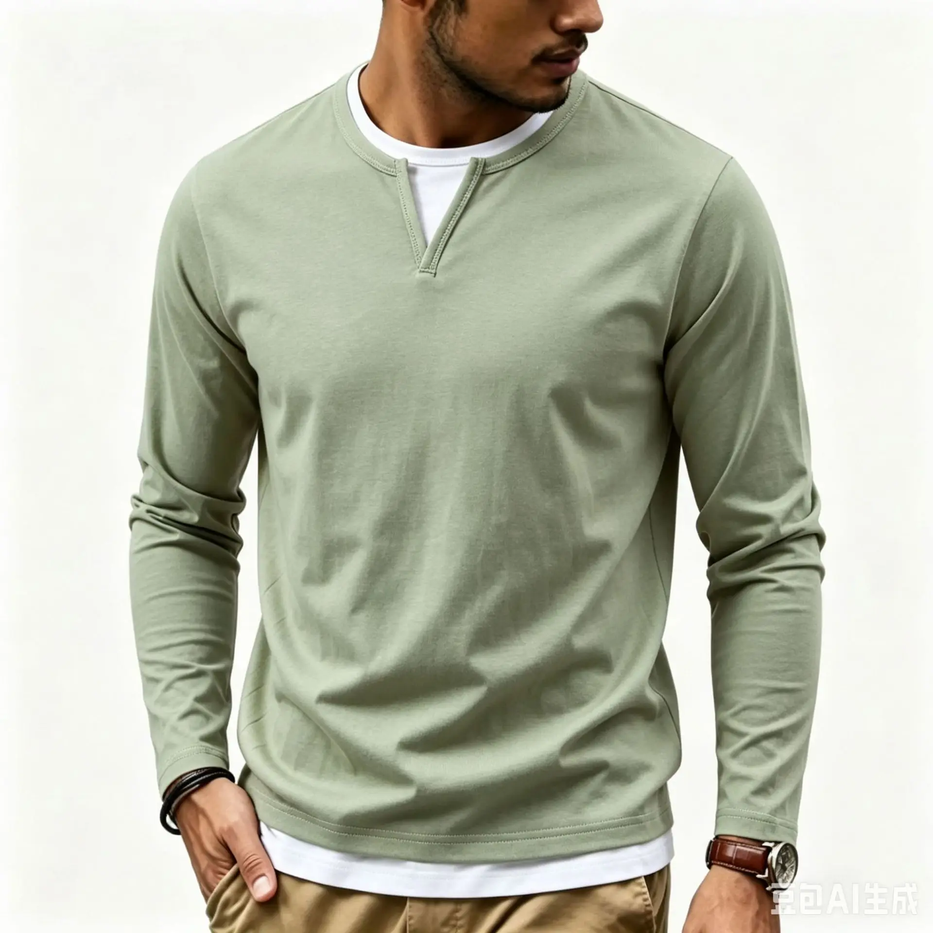 Men's Double-Layer V-Neck Long Sleeve T-Shirt Autumn Winter Fashion Splicing Fake Two-Piece Basic Men's Top 230gsm Cotton Tees