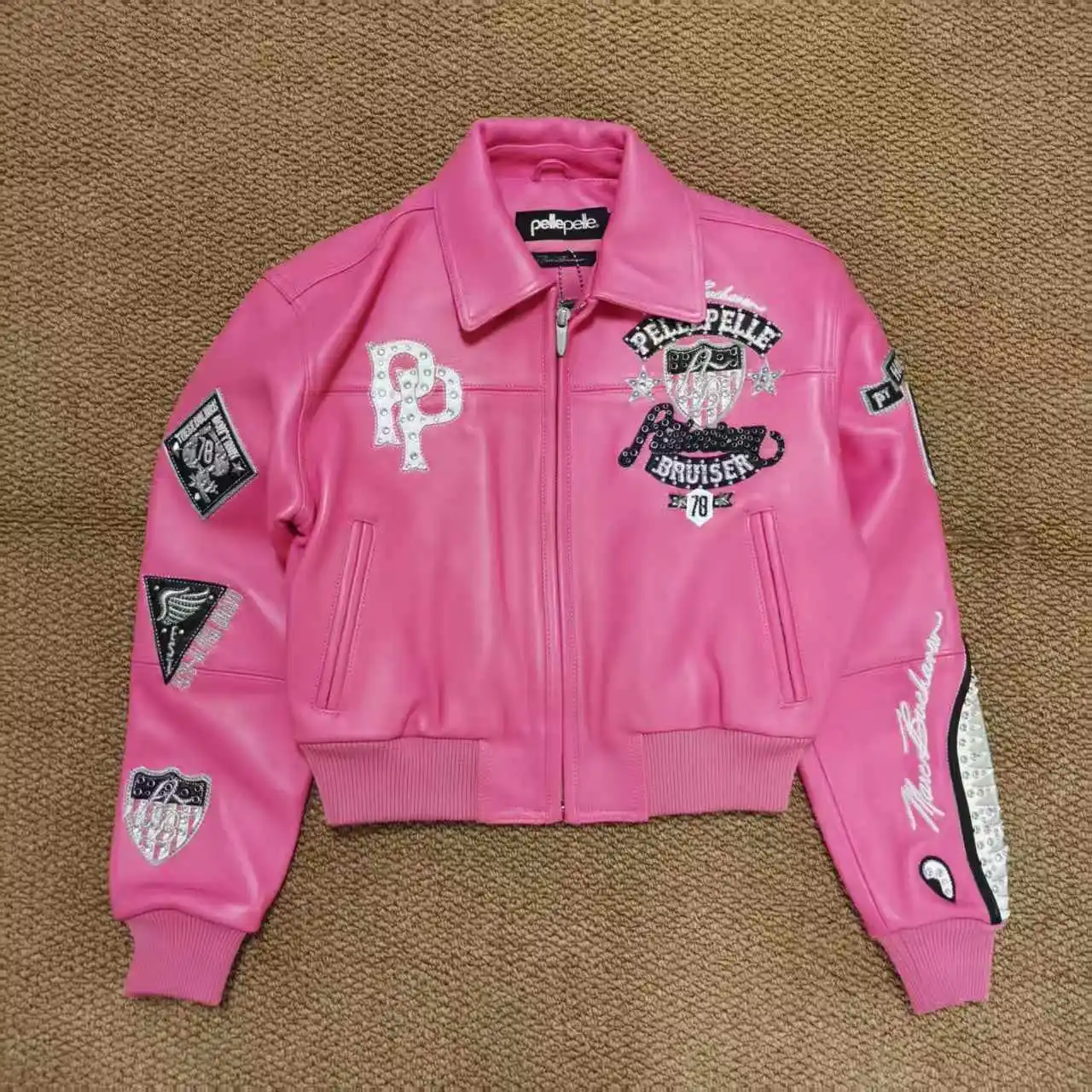 American Bruiser Plush Women's Crop Jacket Fashionable Choice with Diamond Embroidery European Sheepskin Leather Jackets top
