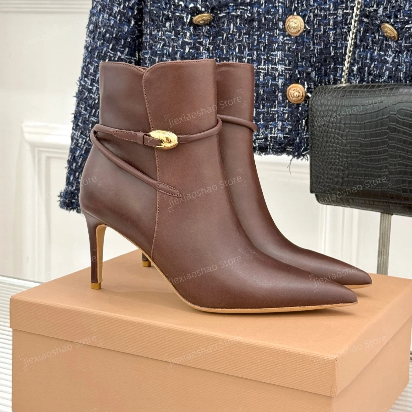 Autumn Winter Sexy Genuine Leather Pointed-Toe Stiletto Ladies Ankle Boots Woman Belt-Buckle Decora Short Boots  Botas Mujer