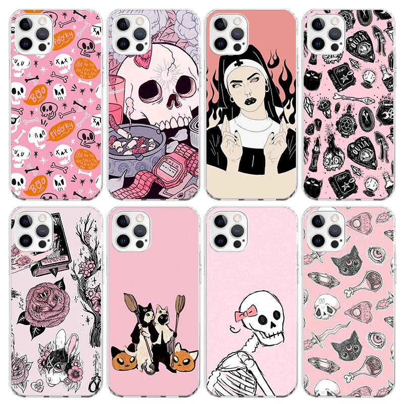 Pink Cat Skull Sorceress Witch Phone Case for Apple iPhone 16 15 14 Plus 13 12 Mini 11 Pro Max X XR XS 7 + 7G 8G SE 2020 Soft Co