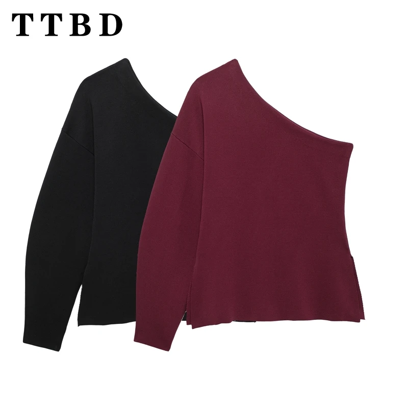 TTBD 2024 Winter New Female Chic Long Sleeve Knitted Pullover Sweater Casual Autumn Woman Shoulder Crop Top Jumper asymetryczny