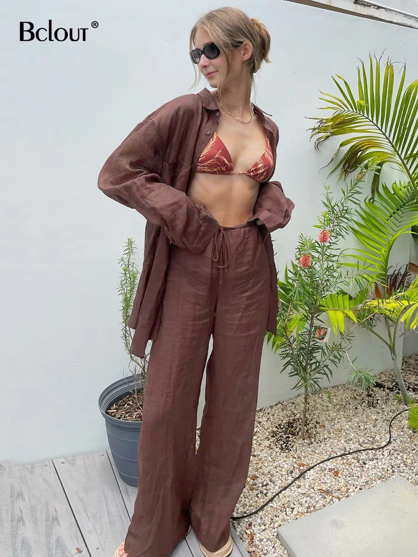 Bclout-Ensemble Pantalon en Lin pour Femme, Tenue 2 Pièces, Manches sulf, Blouse à la Mode, Taille artificiel astique, Jambes Larges, Été