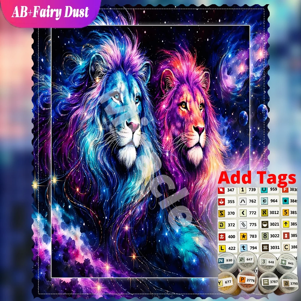 Fairy Dust AB 5D Diamond Painting lion cosmic stars Full Square Round Animal Fantasy Mosaic Wall Decor