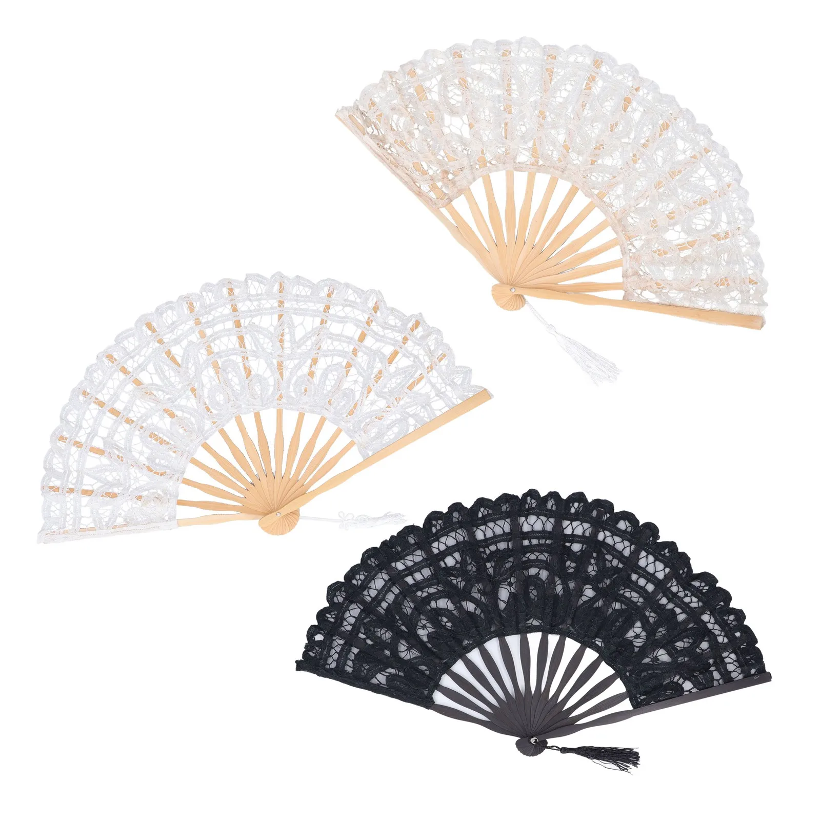 Folding Hand Fan Hallow Lace Bamboo Bones Vintage Style Decorative Folding Fans with Tassel for Performance Weddings