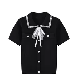 Summer New Thin Pullover Female Sweater Tshirt Simple Solid Vertical Beaded Button Lace Lapel Bowknot Knitwear Tops